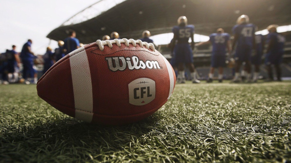 A CFL ball is photographed at the Winnipeg Blue Bombers stadium in Winnipeg Thursday, May 24, 2018. THE CANADIAN PRESS/John Woods