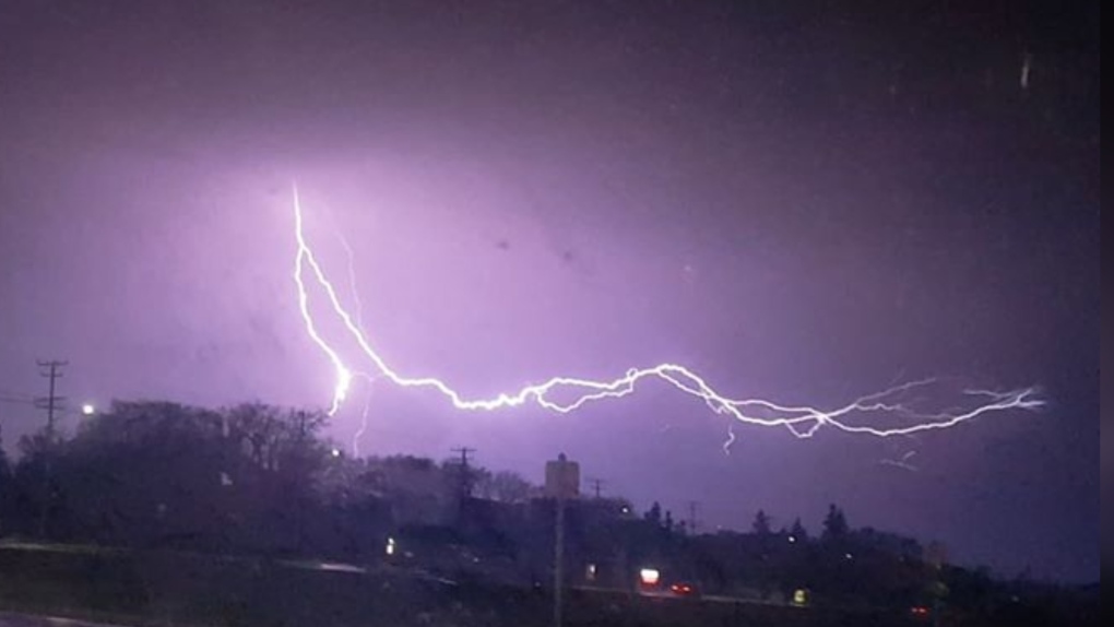 A bolt of lightning captured over Winnipeg on Saturday night. (Source: Vince Dunsford)