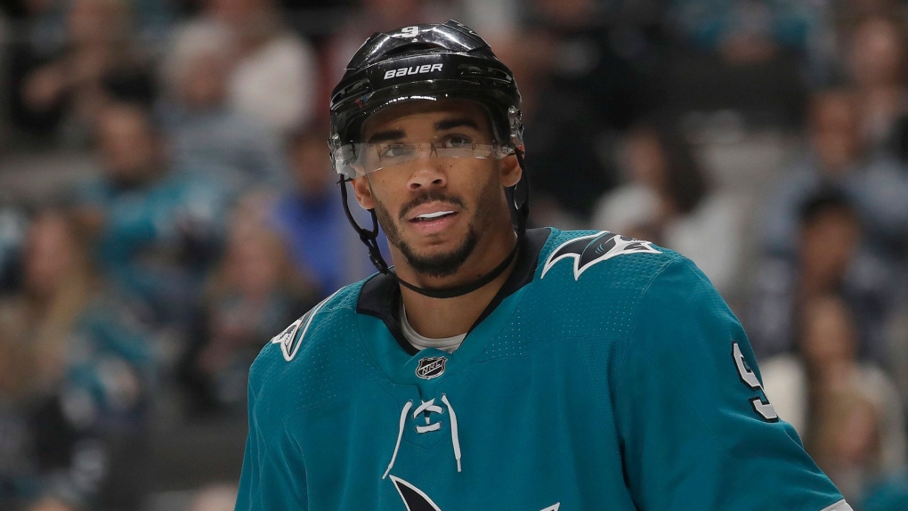 File - In this Oct. 13, 2019, file photo, San Jose Sharks left wing Evander Kane against the Calgary Flames during an NHL hockey game in San Jose, Calif. A Las Vegas Strip casino is suing Kane, alleging he failed to repay a $500,000 gambling debt racked up during a league playoff series visit to Las Vegas last April. Cosmopolitan of Las Vegas lawyer Lawrence Semenza III declined Thursday, Nov. 7, 2019, to comment about the civil lawsuit filed Monday against Kane. (AP / Jeff Chiu, File)
