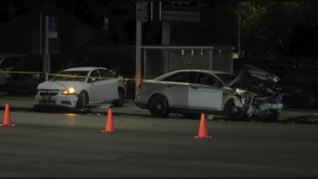 
A crash occurred between an unmarked police car and a civilian vehicle on the evening of October 28, 2021, at the intersection of Main Street and College Avenue. (Source: CTV News Winnipeg)