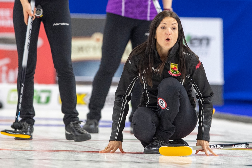 Team Einarson skip Kerri Einarson reacts to a shot against Team Rocque during Draw 17 of the 2021 Canadian Olympic curling trials in Saskatoon, Friday, November 26, 2021. THE CANADIAN PRESS/Liam Richards 