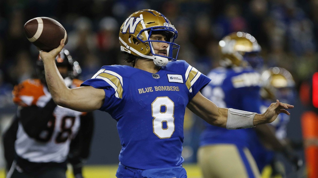 Winnipeg Blue Bombers quarterback Zach Collaros (8) throws against the B.C. Lions during the first half of CFL action in Winnipeg Saturday, October 23, 2021. THE CANADIAN PRESS/John Woods 