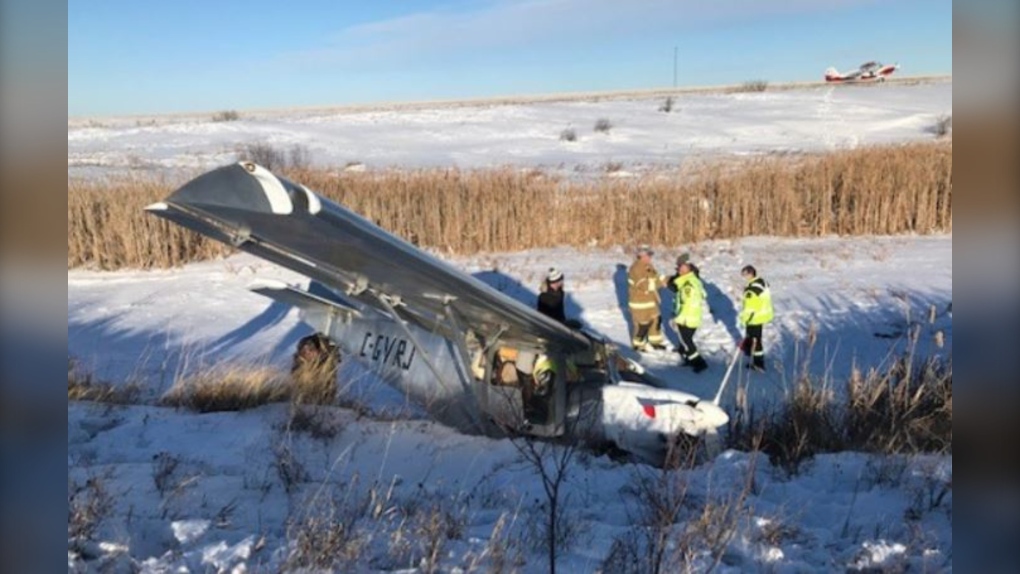 RCMP respond to a plane crash near Pilot Mound on Dec. 11, 2021. The pilot and the passenger suffered minor injuries. (Image source: Manitoba RCMP)