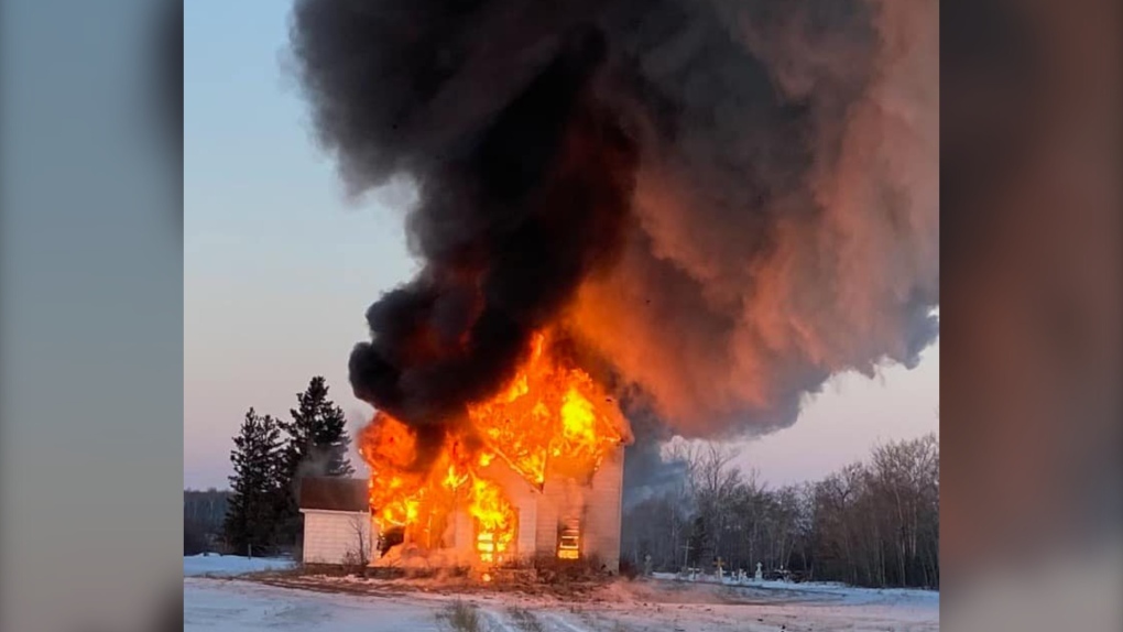 An abandoned church in the R.M. of Alonsa goes up in flames on Dec. 7, 2021. (Source: Andy Thibert)