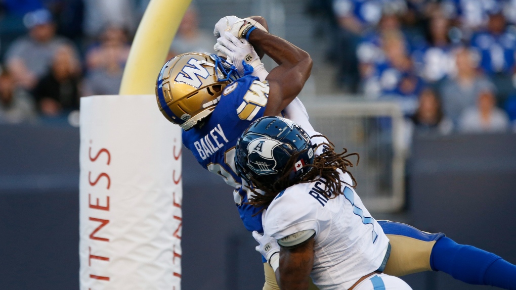 Winnipeg Blue Bombers' Rasheed Bailey (88) makes a catch for a touchdown as Toronto Argonauts' Shaq Richardson defends during the first half of CFL action in Winnipeg Friday, August 13, 2021. (THE CANADIAN PRESS/John Woods) 