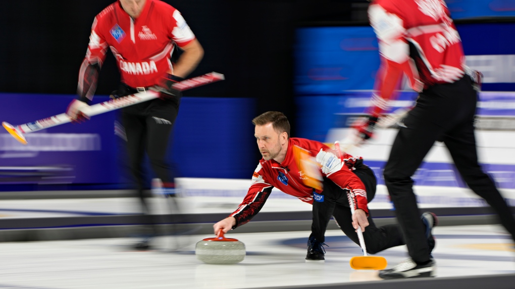 Canada Skip Brad Gushue delivers a stone against Sweden during a gold medal game at the World Men's Curling Championships, Sunday, April 10, 2022, in Las Vegas. THE CANADIAN PRESS/AP-John Locher