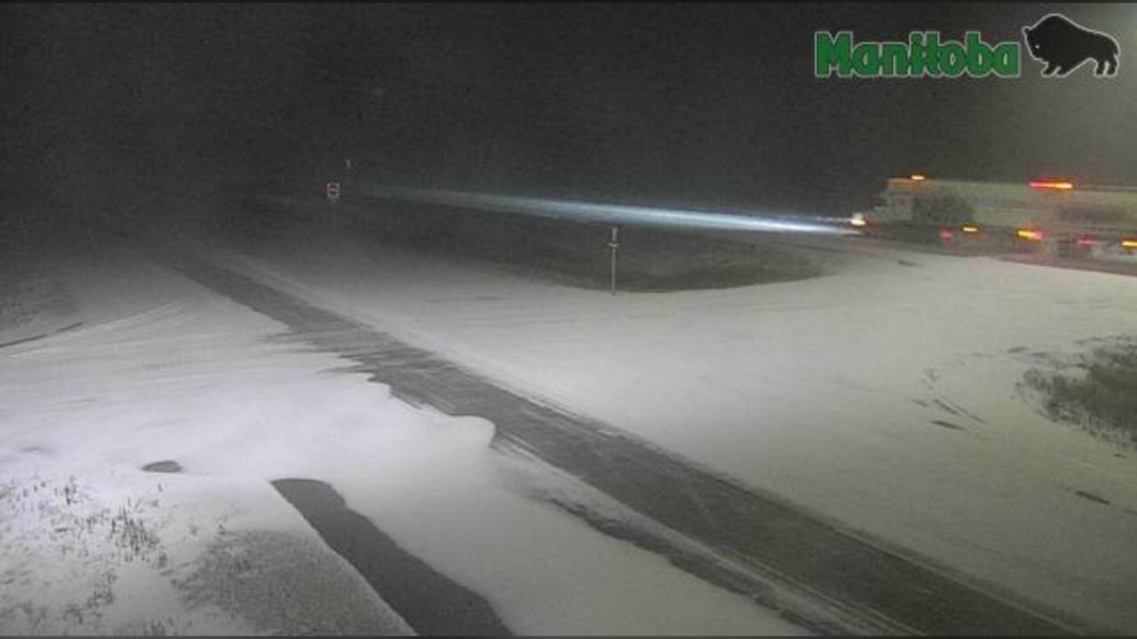 An image from Manitoba 511 showing conditions on the Trans-Canada Highway near Hadashville around 6 p.m. on Nov. 10, 2022.  The province closed east and westbound lanes of Highway 1 from Falcon Lake to the Ontario border. (Source: Manitoba 511)