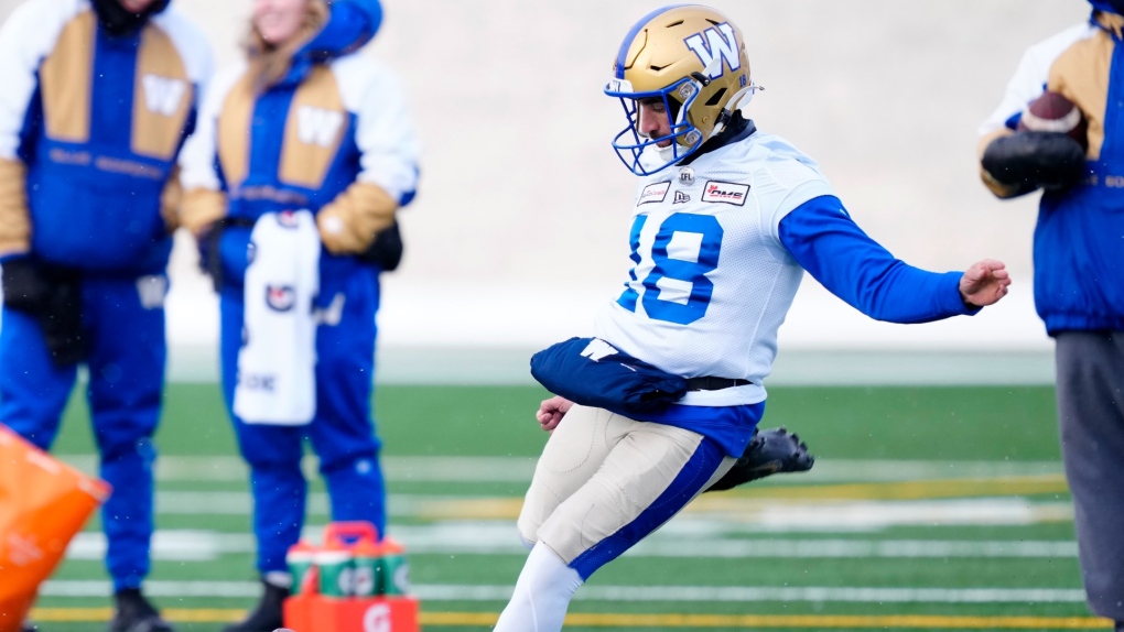 Winnipeg Blue Bombers kicker Ali Mourtada (18) kicks during Grey Cup team practice in Regina, Friday, Nov. 18, 2022. THE CANADIAN PRESS/Paul Chiasson
