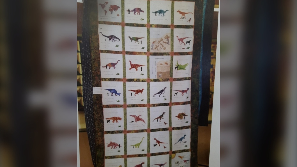 An alphabet dinosaur quilt that Lane Englund had made for her grandson when he was little. It is believed to have been stolen from a quilt show in Neepawa. Dec. 9, 2022. (Source: Lane Englund)