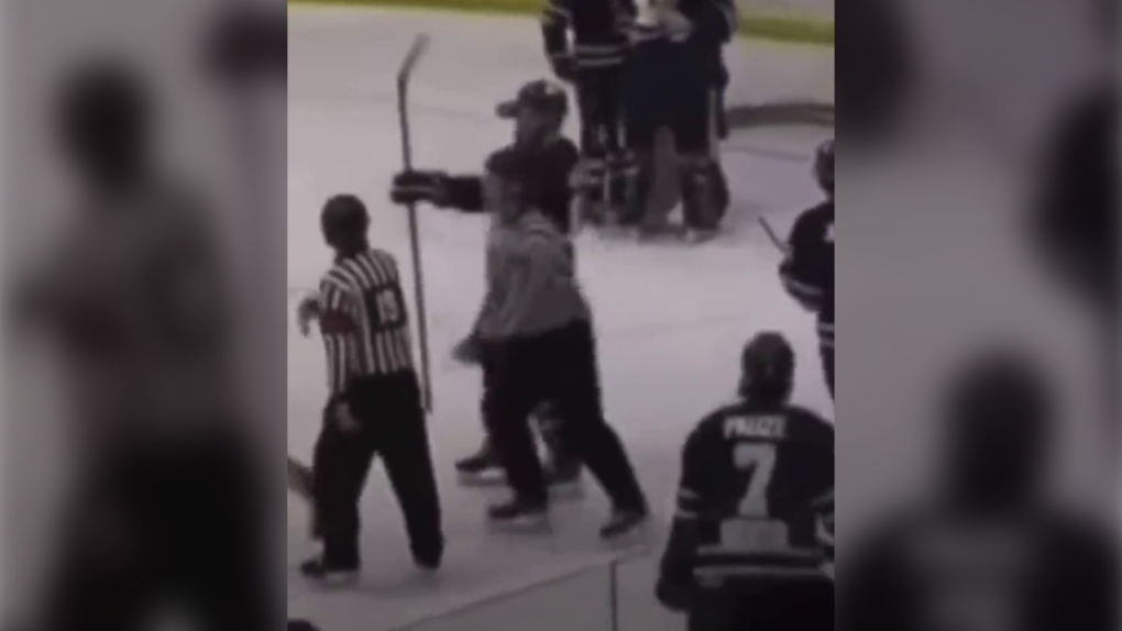 A video posted on social media by Hockey Indigenous shows Klim Georgiev of the Dauphin Kings performing a gesture mimicking the use of a bow and arrow following the conclusion of a MJHL game between the Kings and the Waywayseecappo Wolverines on Feb. 19, 2022. Georgiev received a gross misconduct and was suspended following the game, and the MJHL is investigating. (Video screenshot: Twitter- Hockey Indigenous)