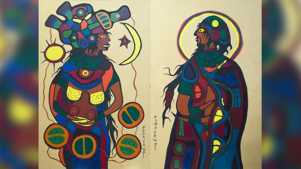 The paintings – titled Demi-God Figure 1 (right) and Demi-God Figure 2 (left) – were done by Norval Morrisseau and donated to Confederation College in Thunder Bay in the 1970s. (Submitted: Confederation College)
