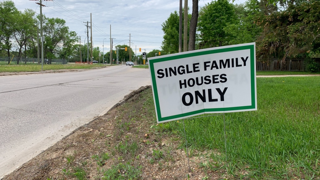 A sign saying 'Single Family Houses Only' is seen on Shaftesbury Boulevard. Residents of the neighbourhood are protesting the proposed development of a luxury apartment in the area (CTV News Photo Danton Unger)