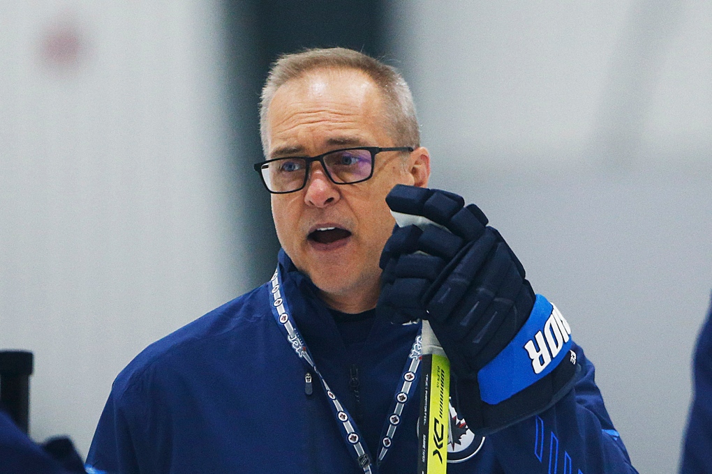 Winnipeg Jets head coach Paul Maurice talks to his players during NHL hockey training camp practice in Winnipeg, Friday, Sept. 24, 2021. A person with knowledge of the situation said Paul Maurice and the Florida Panthers were in the process Wednesday, June 22, 2022 of finalizing a deal to make him the club's new coach. (John Woods/The Canadian Press via AP, File)
