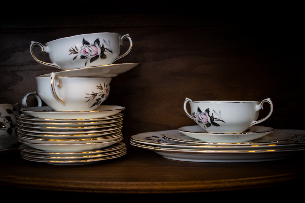 A stack of porcelain dishes in Mike's General Store in Winnipeg. (Source: Danton Unger/ CTV News Winnipeg)