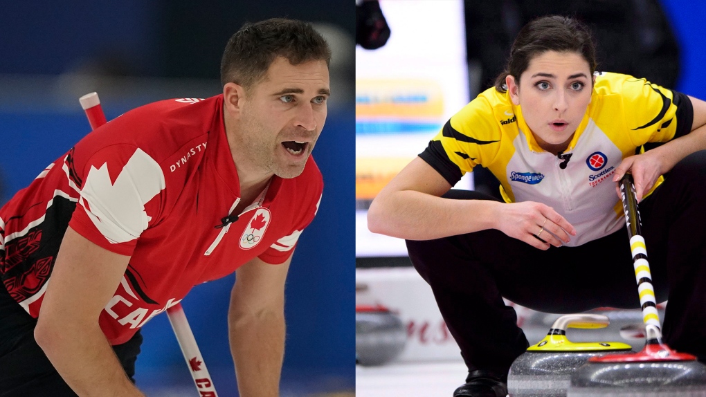 (Left image: John Morris, of Canada, yells to his teammate after he throws a rock during the mixed doubles curling match against the Czech Republic at the Beijing Winter Olympics Monday, Feb. 7, 2022, in Beijing. AP Photo/Brynn Anderson) (Right image: Manitoba third Shannon Birchard calls the sweep while taking on B.C. at the Scotties Tournament of Hearts in Penticton, B.C., on Thursday, Feb. 1, 2018. THE CANADIAN PRESS/Sean Kilpatrick)