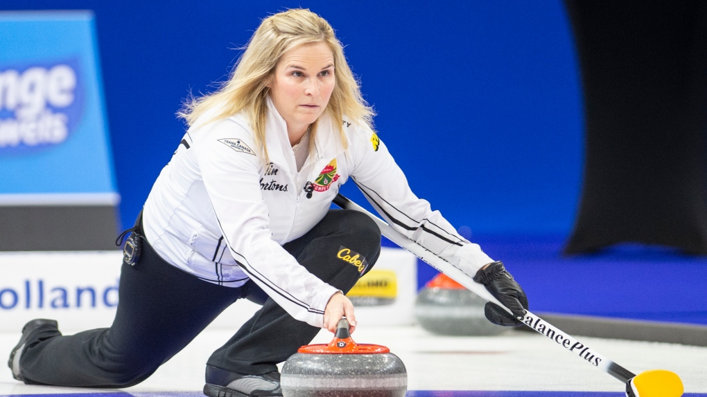 Team Jones skip, Jennifer Jones delivers final rock of the end against Team Fleury during woman's final of the 2021 Canadian Olympic curling trials in Saskatoon, Sunday, November 28, 2021. THE CANADIAN PRESS/Rick Elvin