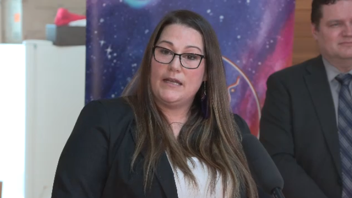Monica Cyr, the director of research at the Aboriginal Health and Wellness Centre, speaks during an provincial announcement for an Indigenous-led Rapid Access to Addictions Medicine clinic in Manitoba on Jan. 24, 2023. (Image source: Michelle Gerwing/CTV News Winnipeg)