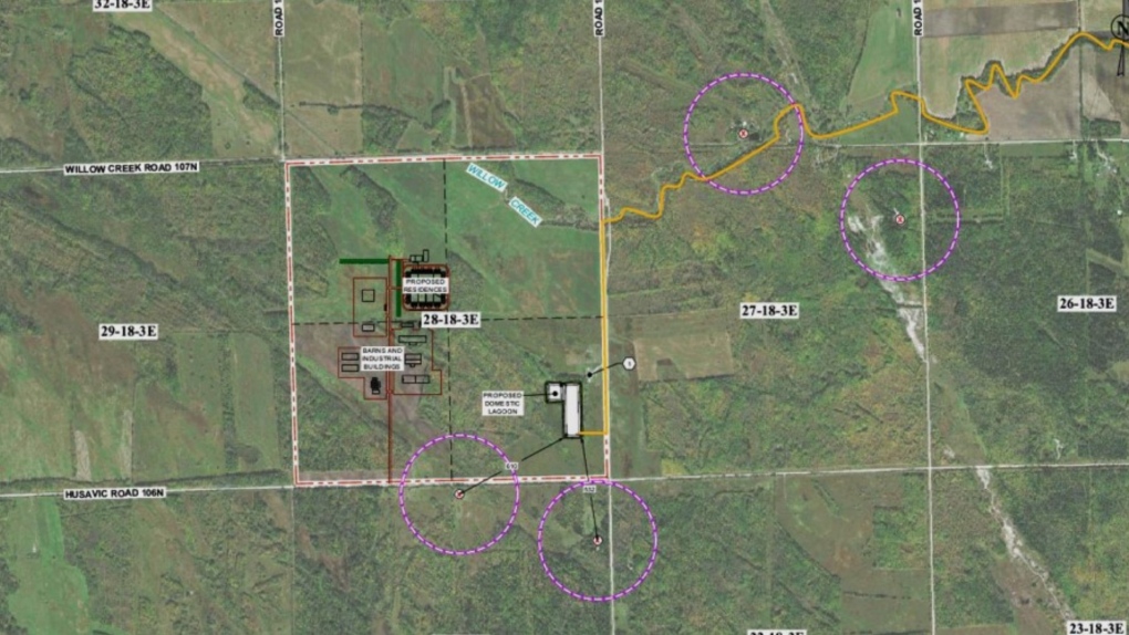 The location of the proposed lagoon which is part of the Crystal Spring Hutterite Colony development in the Rural Municipality of Armstrong, about 10 kilometres southwest of Gimli. (Source: Environmental Act Proposal Report/Burns Maendel Consulting Engineers)