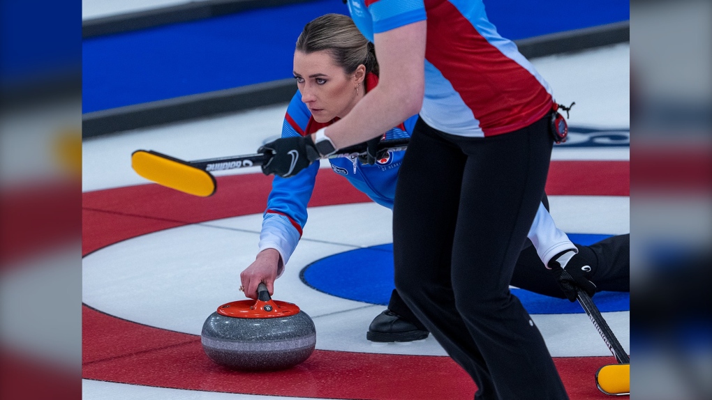 Wild Card 3 skip Emma Miskew delivers a rock as they play New Brunswick at the Scotties Tournament of Hearts at Fort William Gardens in Thunder Bay, Ont., Saturday, Jan. 29, 2022. THE CANADIAN PRESS/Andrew Vaughan