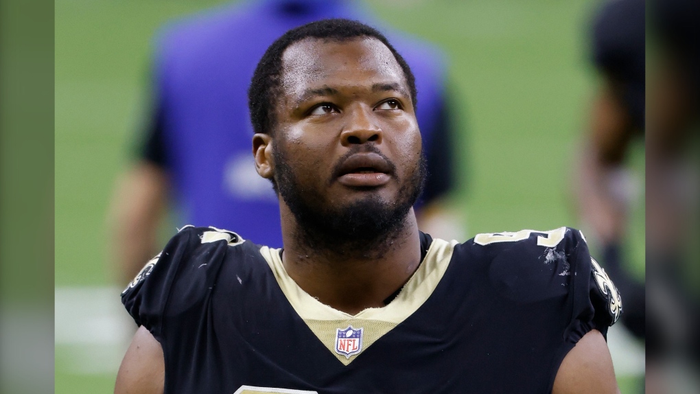 New Orleans Saints defensive tackle David Onyemata is shown after an NFL football game against the Atlanta Falcons in New Orleans, in this Sunday, Nov. 22, 2020, file photo. (AP Photo/Tyler Kaufman, File)