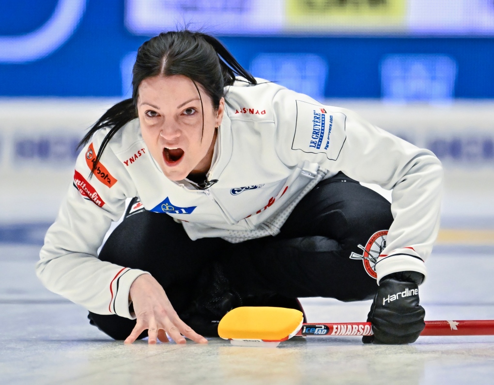 Canada's Skip Kerri Einarson in action during the match between USA and Canada during the round robin session 3 of the LGT World Women's Curling Championship at Goransson Arena in Sandviken, Sweden, Sunday, March 19, 2023. (Jonas Ekstromer/TT via AP)