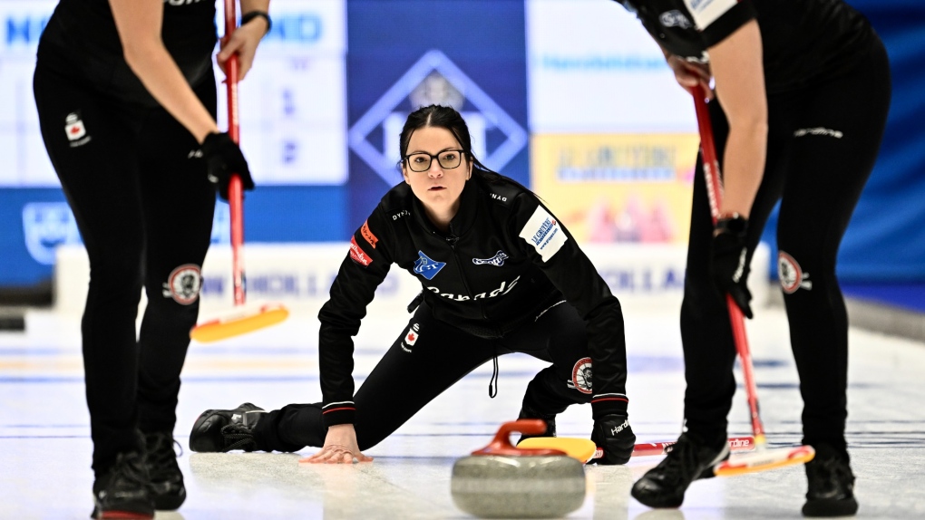 Canada's Kerri Einarson in action during the qualification match between Canada and Japan ahead of the LGT World Women's Curling Championship at Goransson Arena in Sandviken, Sweden, Saturday March 25, 2023. (Jonas Ekstromer/TT via AP)