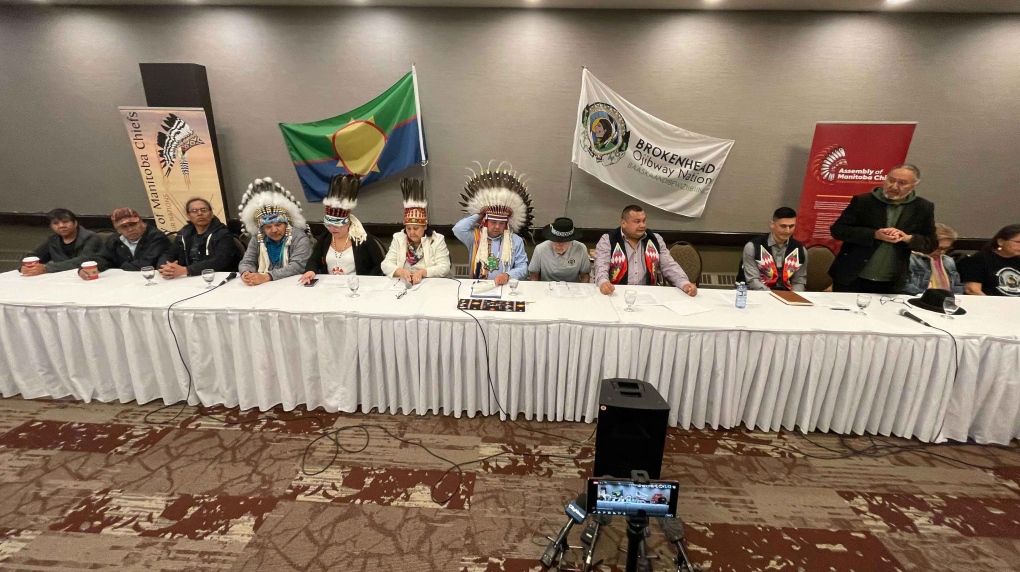 Representatives from the Assembly of Manitoba Chiefs and Brokenhead Ojibway Nation are pictured at an April 24, 2023 news conference. (Source: Jamie Dowsett/CTV News Winnipeg)
