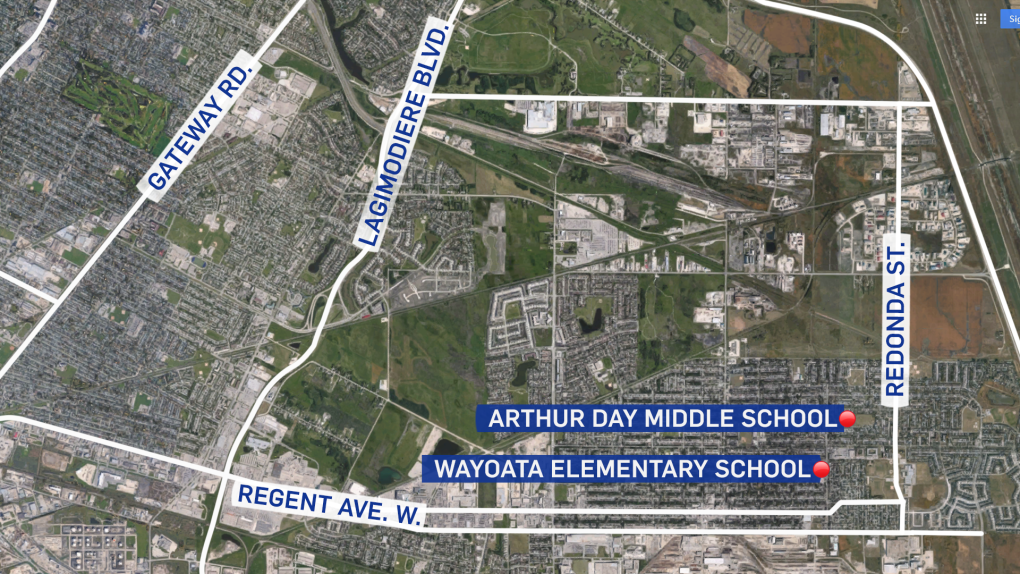 Winnipeg police are investigating suspicious incidents at Wayoata Elementary School and Arthur Day Middle School that occurred on May 11. (CTV News Winnipeg map)