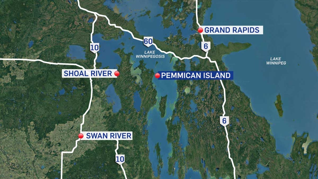 A map shows the location of Pemmican Island in Manitoba.