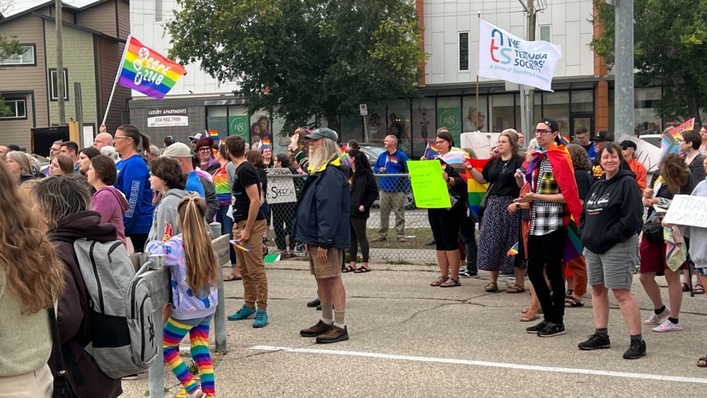 At the LRSD offices on St. Mary's Road, dozens rallied in support of the LGBTQ2S+ community Tuesday. (Source: Devon McKendrick, CTV News)
