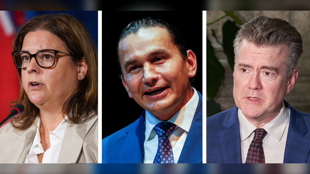In this composite image made from three photographs, from right to left, Progressive Conservative Party of Manitoba Leader Heather Stefanson speaks during a news conference in Whistler, B.C., Tuesday, June 27, 2023; Manitoba NDP Leader Wab Kinew speaks at the Canadian Mennonite University in Winnipeg, Wednesday, Aug. 16, 2023; and Manitoba Liberal Party Leader Dougald Lamont speaks to the media at the Legislature building, in Winnipeg, Tuesday, March 7, 2023. THE CANADIAN PRESS/Darryl Dyck, John Woods, David Lipnowski
