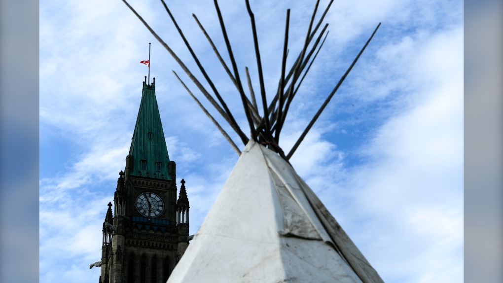 A teepee is seen on Parliament Hill in Ottawa, on Thursday, Aug. 19, 2021. Chief Lynn Acoose of Zagime Anishinabek, home to several First Nations in southeastern Saskatchewan, has filed a proposed class-action lawsuit against the federal government. THE CANADIAN PRESS/Justin Tang